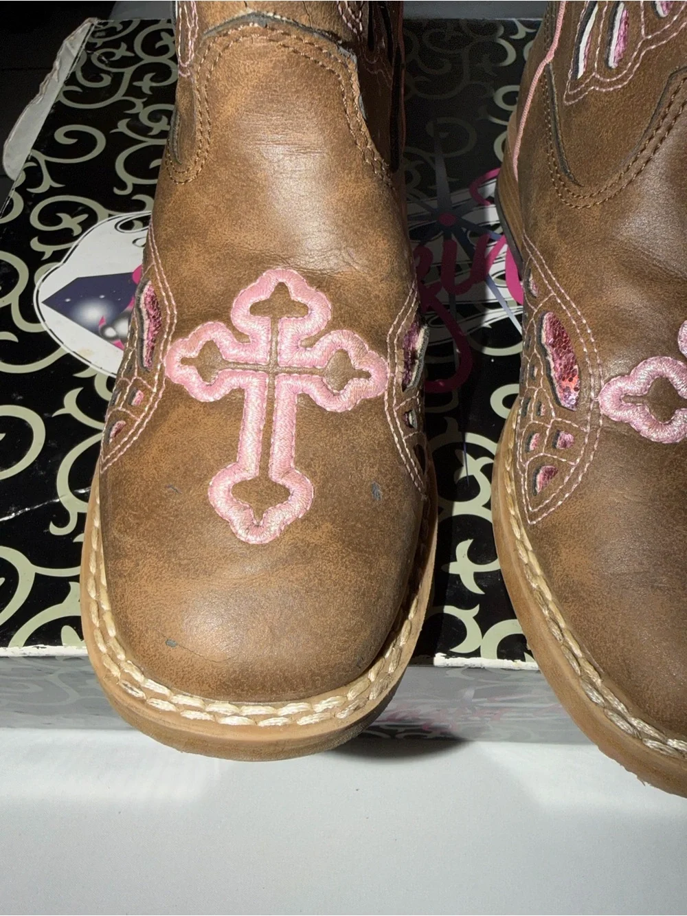 Roxy Brown Leather Kids Cowboy Boots with Pink Cross Accents